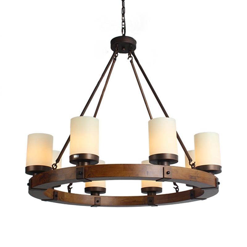 Round Solid Wood Rustic Style Chandelier Cylindrical White Glass Shade Dining Room Lighting Fixture