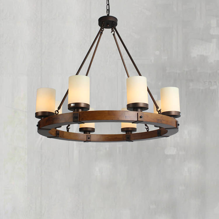 Round Solid Wood Rustic Style Chandelier Cylindrical White Glass Shade Dining Room Lighting Fixture