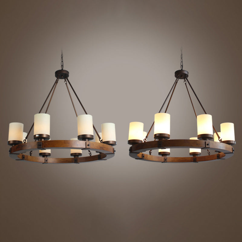 Round Solid Wood Rustic Style Chandelier Cylindrical White Glass Shade Dining Room Lighting Fixture