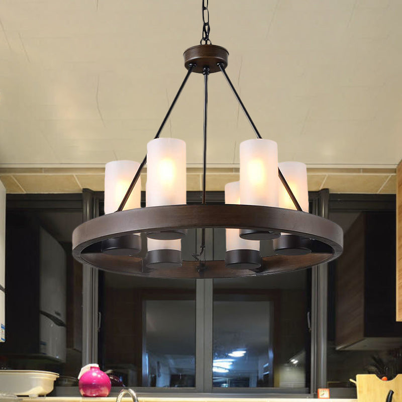 6 Heads Cylinder Chandelier Lighting Traditional Black Frosted White Glass Suspension Pendant Lamp with Wheel Design