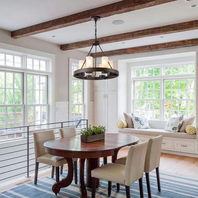 6 têtes Cylindre Éclairage de lustre traditionnel Black Grosted White Verre suspension suspension avec conception de roue