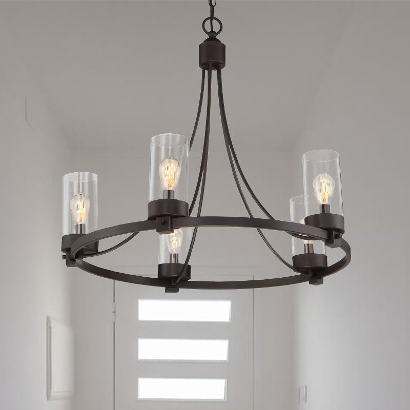 Black 5 lumières Pendard lustre vintage Cylindre en verre transparent