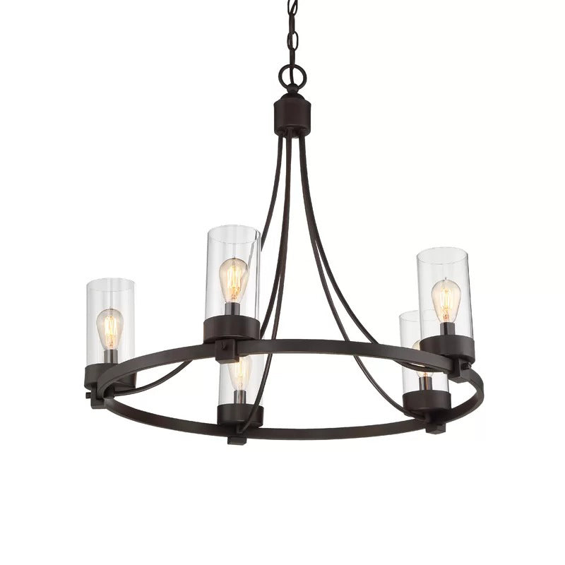 Black 5 lumières Pendard lustre vintage Cylindre en verre transparent