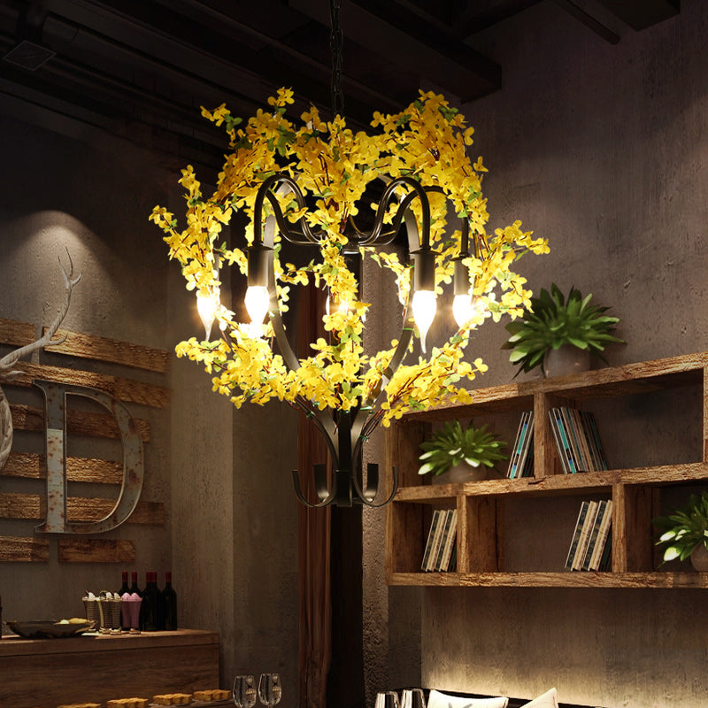 5 cabezas Candelier de colgante de hierro Canasta de flores negras tradicionales Compensión de techo de suspensión de restaurante