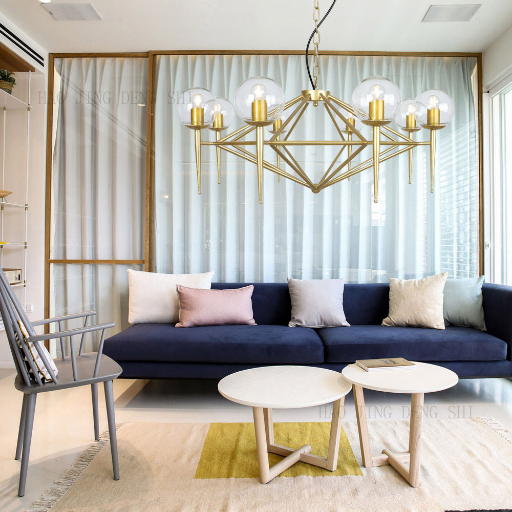 Diamond Chandelier Light Fixture Modern Glass Living Room Ceiling Pendant Light in Gold