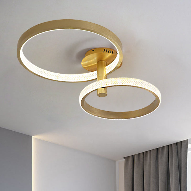 Dual Halo Ring Acrylic Semi Flush Light Modern Rotatable LED Golden Ceiling Lamp in Warm/White/Natural Light, 25.5"/33.5" L