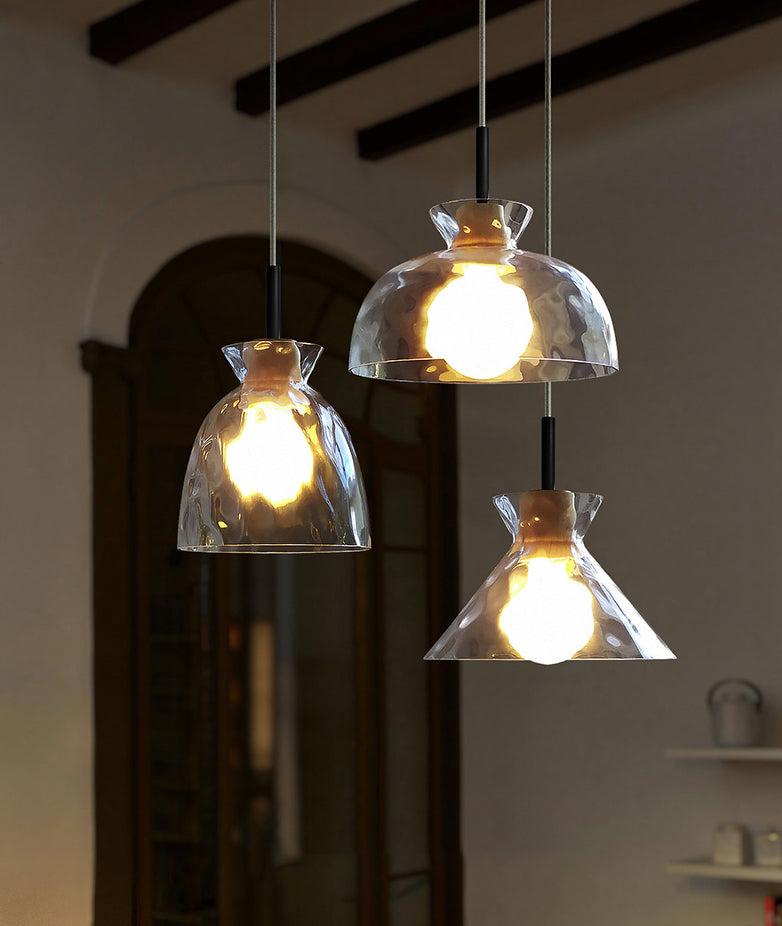 Clear Rippled Glass Shaded Pendant Nordic 1 Head Wood Suspension Light for Dining Room