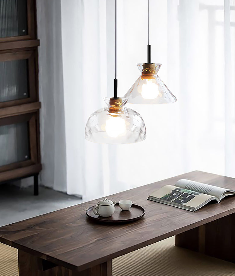 Clear Rippled Glass Shaded Pendant Nordic 1 Head Wood Suspension Light for Dining Room