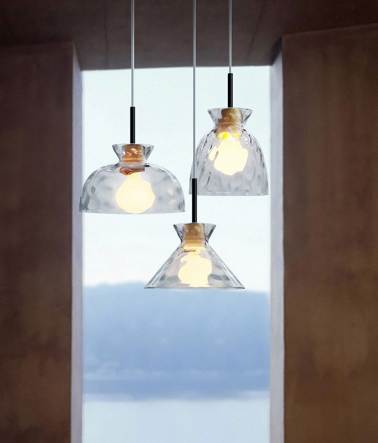 Clear Rippled Glass Shaded Pendant Nordic 1 Head Wood Suspension Light for Dining Room