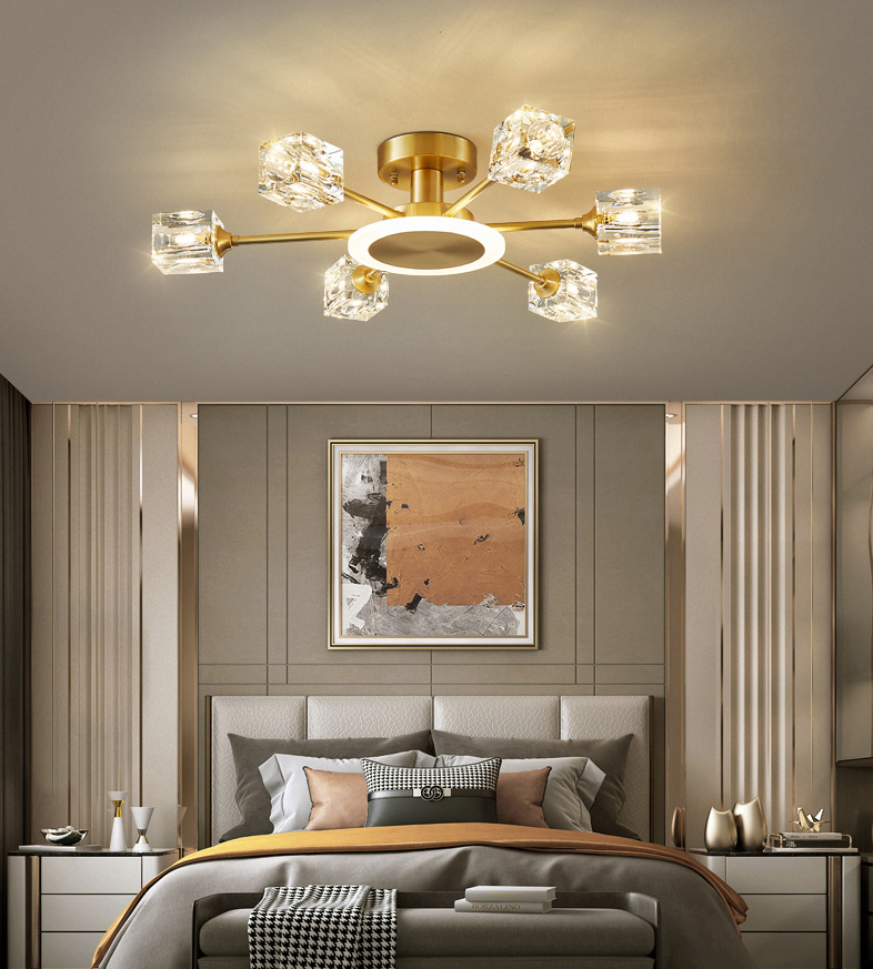 Square Crystal Shade Semi Flush Mount in Modern Luxury Style Sputnik Metal Ceiling Light for Living Room