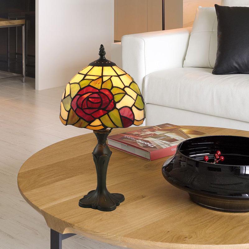 1 Light Night Table Light Tiffany Domed Shaped Stained Glass Nightstand in Antique Brass