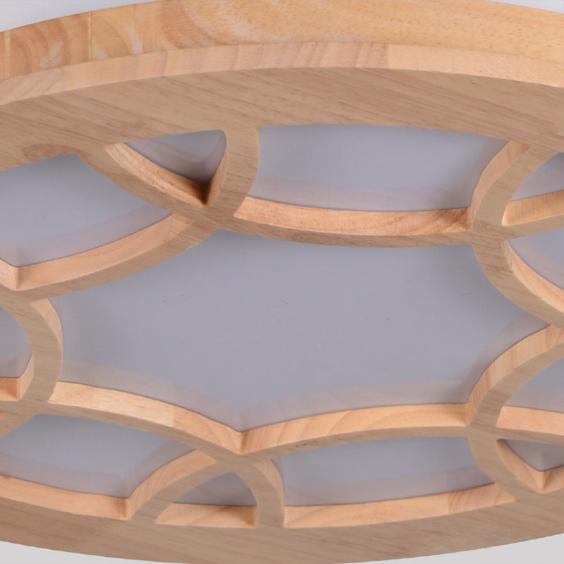 Simple LED Flush Light Wood Shade Beige Drum Ceiling Mount Lamp Kit in Second Gear