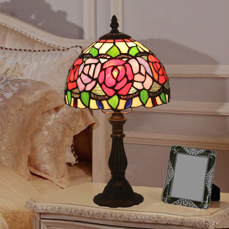 Antike Messing Einkopf Nachttisch Lampe Mediterraner Glas Rosa Rose/Rot Rose/Tulpe Nachttisch