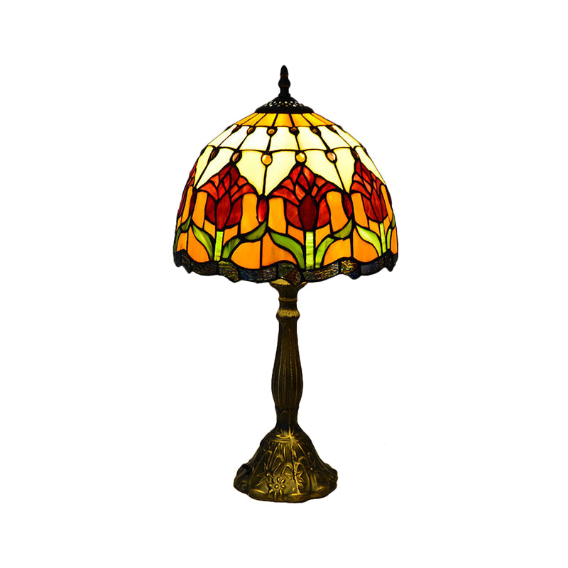 Flower Stain Glass Table Lamp Tiffany Style 1 Light Brass Nightstand Light for Bedroom