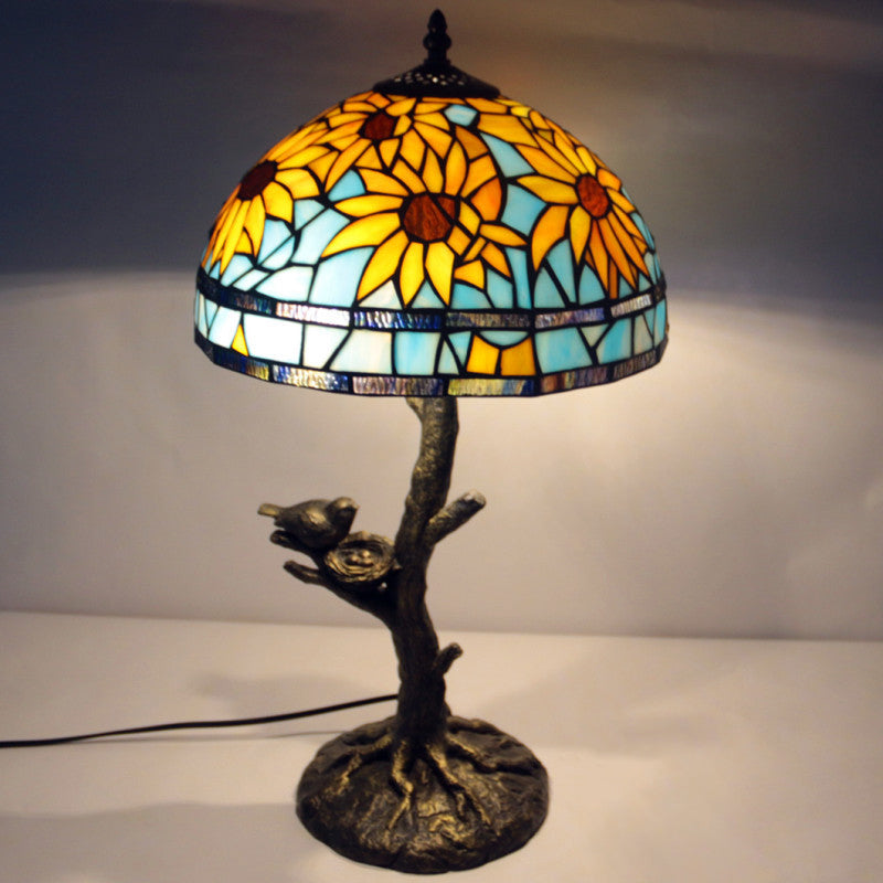 Sonnenblume Buntglas Tischlampe Mittelmeer 1 leichter antiker Messing Nachttisch