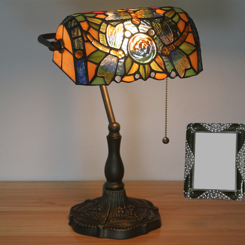 Mediterranean Dragonfly/Red Dragonfly Table Light 1 Light Stained Glass Nightstand in Bronze for Bedroom