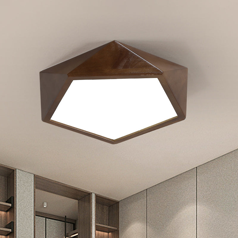 Brown Faceted Pentagon Ceiling Mount Lamp Minimalist 13"/16"/19.5" Wide LED Wooden Flush Lighting