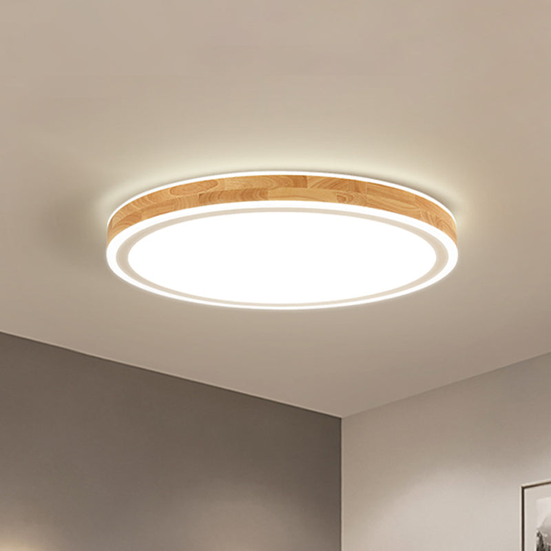 Nordic Dual Halo Ring Flush Mount Lamp 12"/15" Dia Wooden LED Corridor Ceiling Lighting in Beige