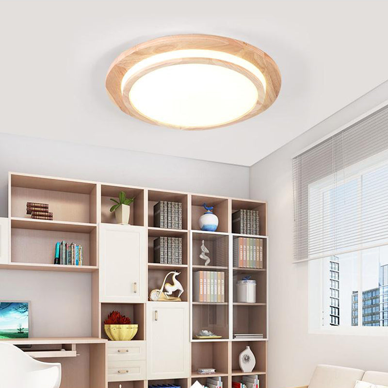 Natural Wood Round Ceiling Mount Lamp Simplicity LED Beige Flush Light in Warm/White Light, 15"/18"/23" Dia