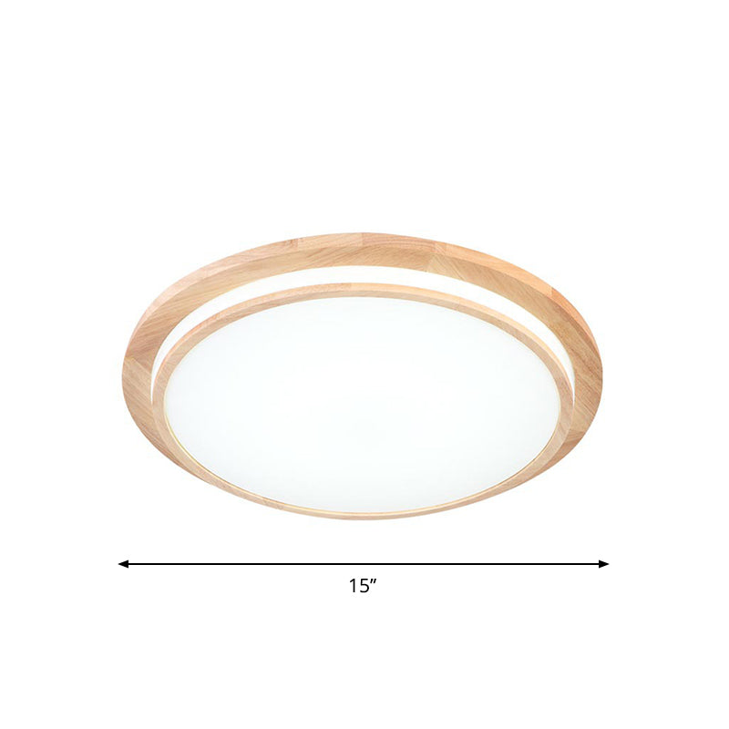 Natural Wood Round Ceiling Mount Lamp Simplicity LED Beige Flush Light in Warm/White Light, 15"/18"/23" Dia