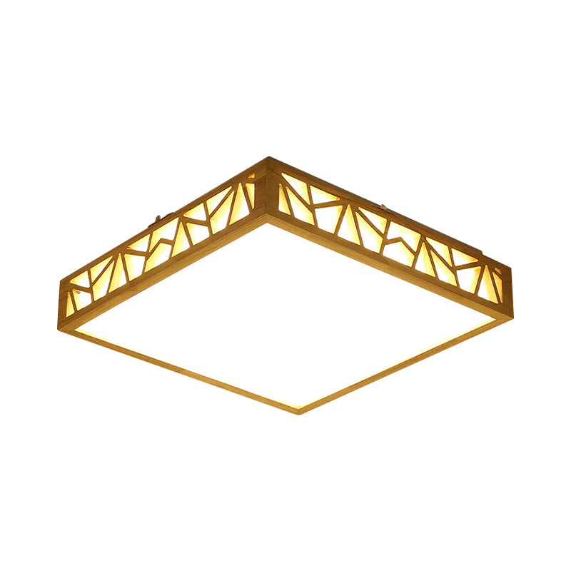 Hollowed Square Box Ceiling Lamp Modern Stylish Wooden LED Study Room Flushmount in Warm/White Light/Remote Control Stepless Dimming