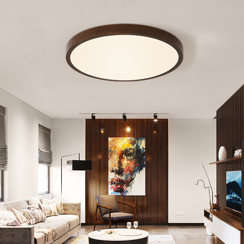 Brown Round Ceiling Flush Light Nordic 12"/16"/19.5" Wide LED Wooden Flushmount Lighting in Warm/White/Natural Light