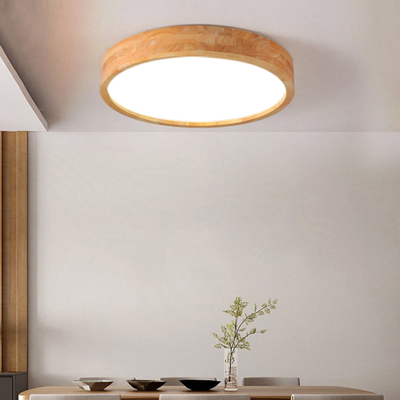 Minimalist Round Wood Ceiling Lamp Kit 12"/16"/19.5" Dia LED Beige Flush Mount Light in Warm/White Light
