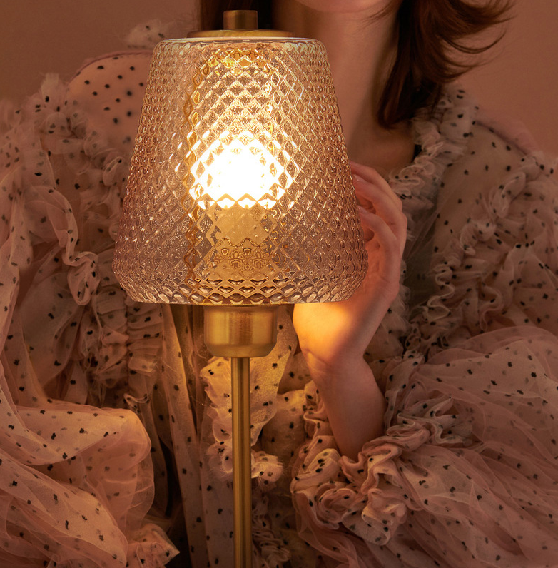 Postmodern Conical Table Lighting Lattice Glass 1 Head Living Room Night Lamp in Gold