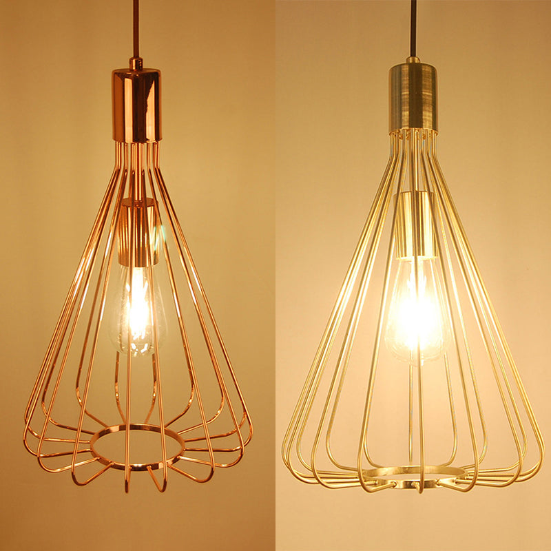 1 Glühbirnen konisch hängende Licht mit Käfig Schatten Vintage Loft Polished Messing/Kupfer Metallic Anhängerlampe für Küche