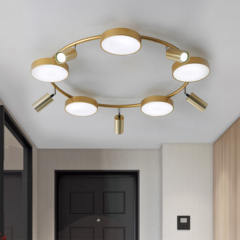 Circle Semi-Flush Mount Modernist Metal 10 Bulbs Gold Ceiling Light Fixture for Living Room