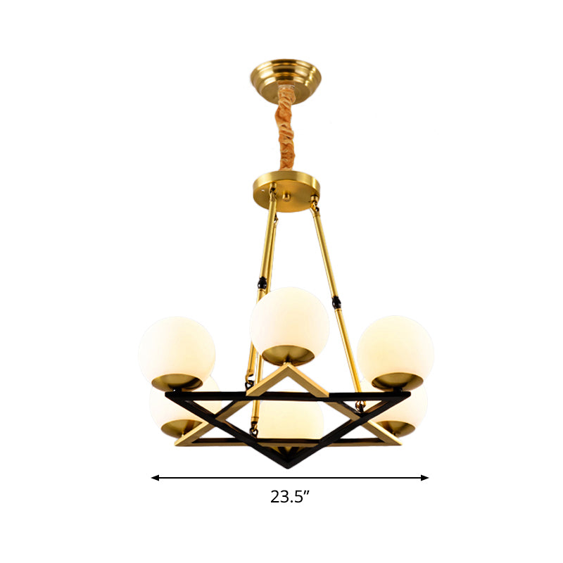 Lámpara de lámpara de metal polígón posmoderna 6/8 cabezas lámpara de techo colgante de latón con tono de vidrio blanco globo