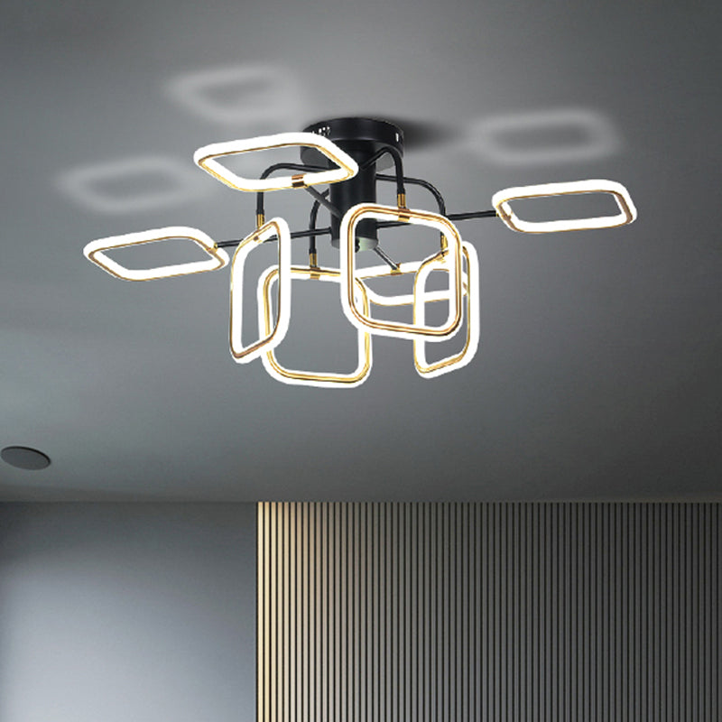 Gold-Black Square Semi-Flush Mount Modern 8 Bulbs Acrylic Ceiling Light Fixture in Warm/White Light