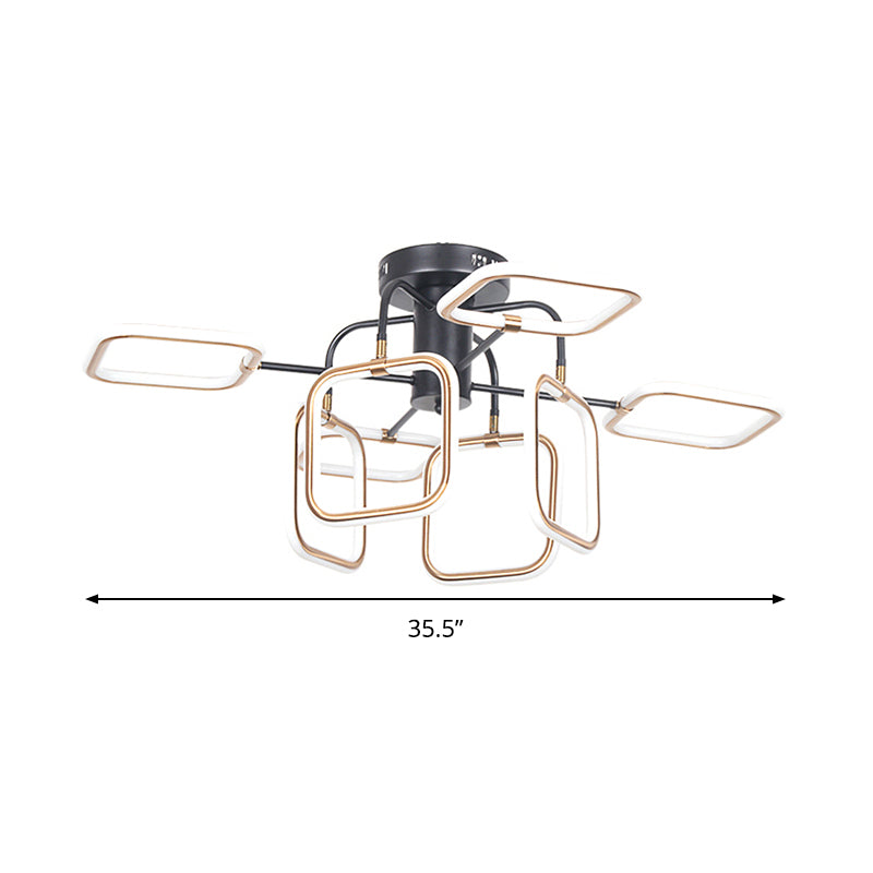 Gold-Black Square Semi-Flush Mount Modern 8 Bulbs Acrylic Ceiling Light Fixture in Warm/White Light
