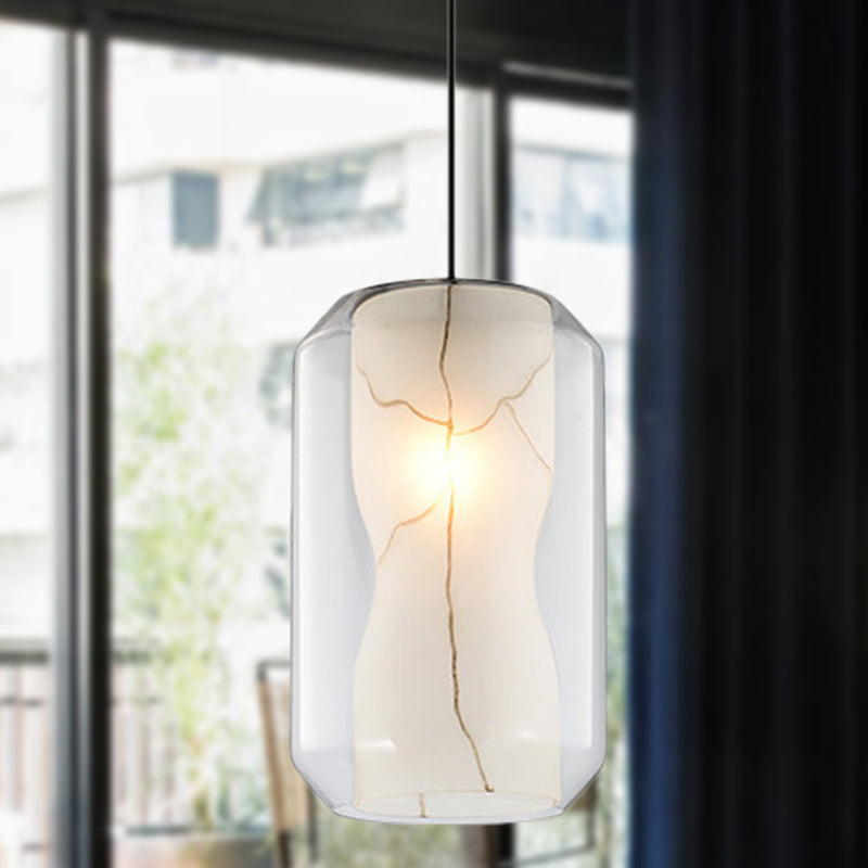 Light Lantant en verre transparent simple simple 8 "/ 10" de large 1 Kit de lampe suspendue avec la teinte en marbre blanc du cylindre intérieur en ligth blanc