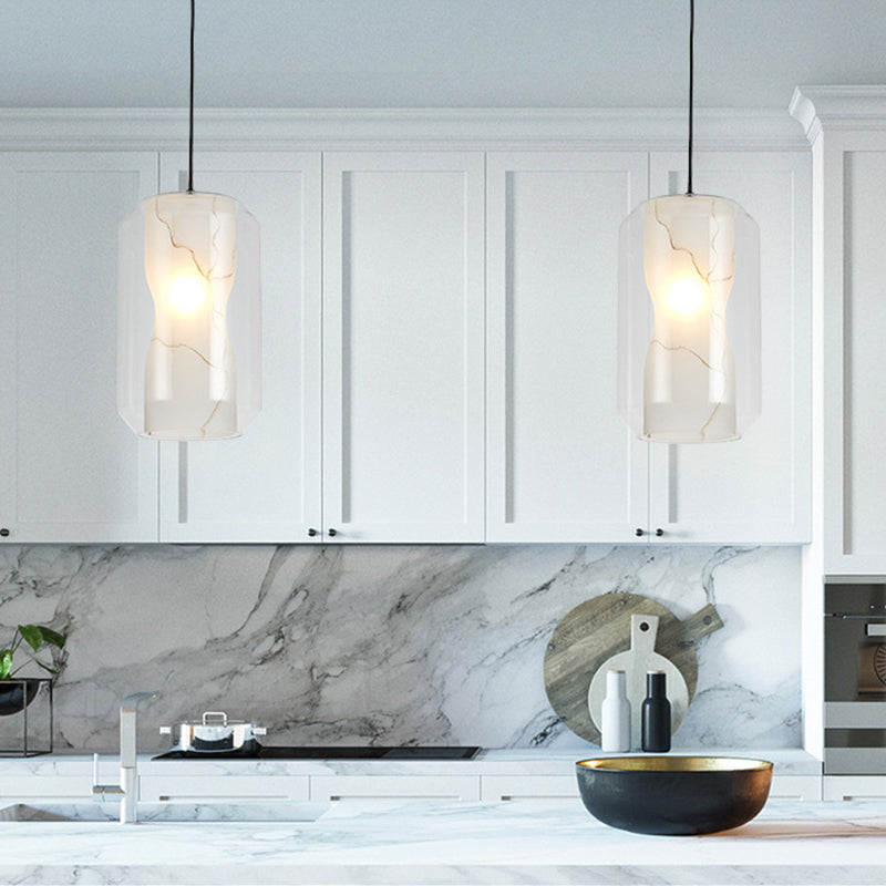 Light Lantant en verre transparent simple simple 8 "/ 10" de large 1 Kit de lampe suspendue avec la teinte en marbre blanc du cylindre intérieur en ligth blanc