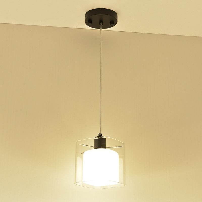 Luz cuadrada de luz colgante de vidrio transparente y blanco 1 cabeza de techo de colgante negro