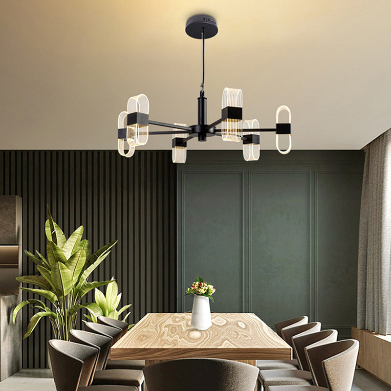 Modern Oval Chandelier Light Acrylic 6/8/12 Heads Living Room Hanging Lamp with Black Rod in Warm/White Light