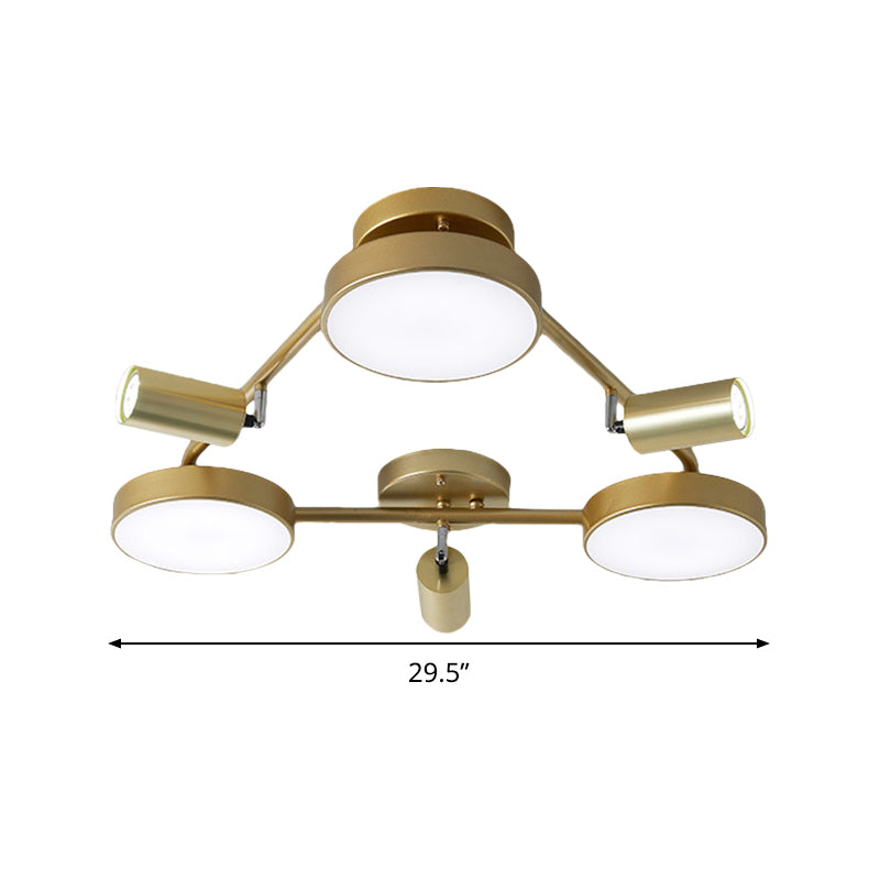 Mont métallique semi-flush contemporain 6 têtes de plafond luminaire en or pour chambre à coucher