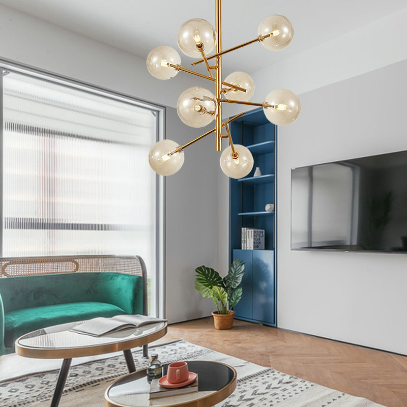 Moderne bol hangend plafondlicht cognac glas 6/8 kopkamer slaapkamer kroonluchter verlichting met starburst -ontwerp