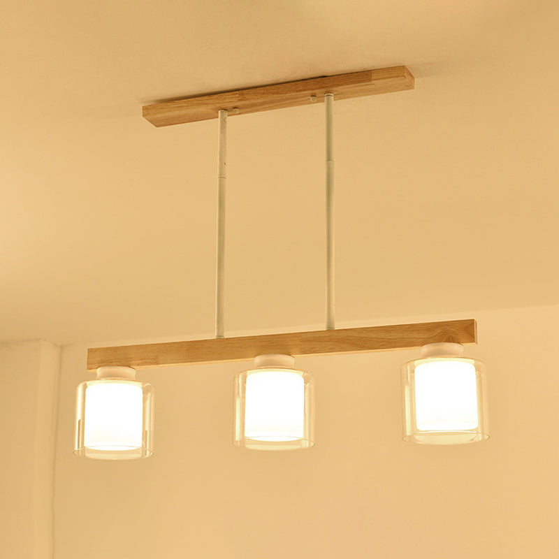 Nordic Linear Island Light Wood 3/4 Heads Dining Room Hanging Lamp with Cylinder White Glass Shade Inside
