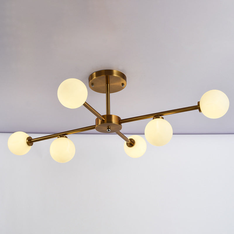 Living Room Semi Flush Light Fixture Minimalist Gold Semi Mount Lighting with Round Glass Shade