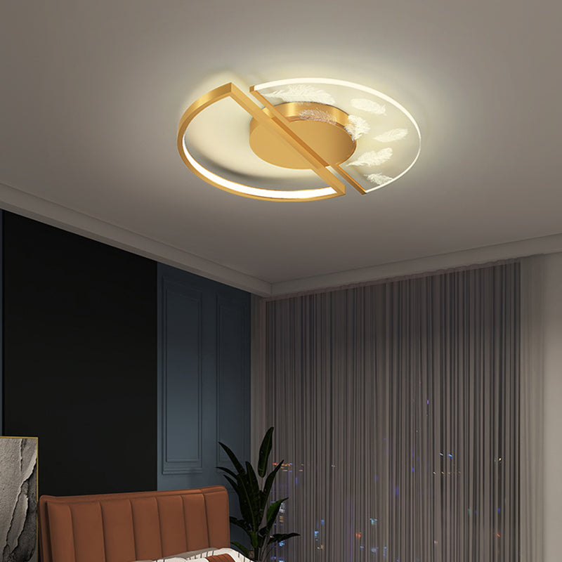 Gold Circular Feather LED Ceiling Light in Modern Luxury Style Acrylic Flush Mount for Bedroom