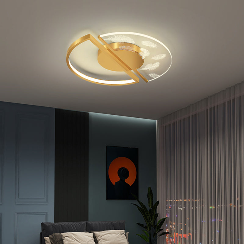 Gold Circular Feather LED Ceiling Light in Modern Luxury Style Acrylic Flush Mount for Bedroom