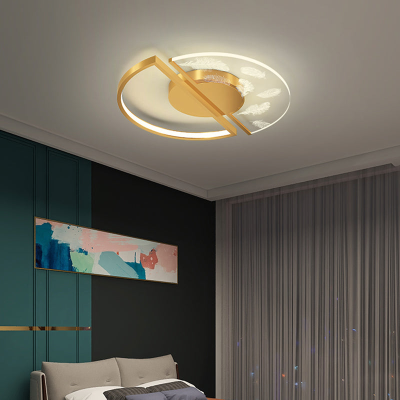 Gold Circular Feather LED Ceiling Light in Modern Luxury Style Acrylic Flush Mount for Bedroom