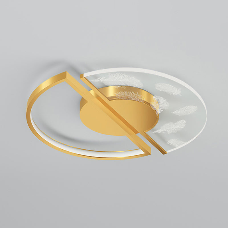 Gold Circular Feather LED Ceiling Light in Modern Luxury Style Acrylic Flush Mount for Bedroom