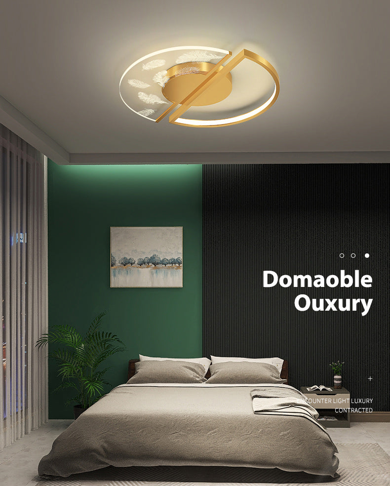 Gold Circular Feather LED Ceiling Light in Modern Luxury Style Acrylic Flush Mount for Bedroom