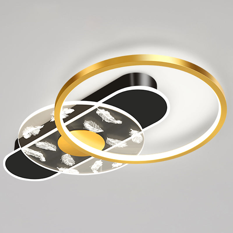 Black and Gold LED Semi Flush Mount in Modern Concise Style Circular Feather Ceiling Light with Acrylic Shade