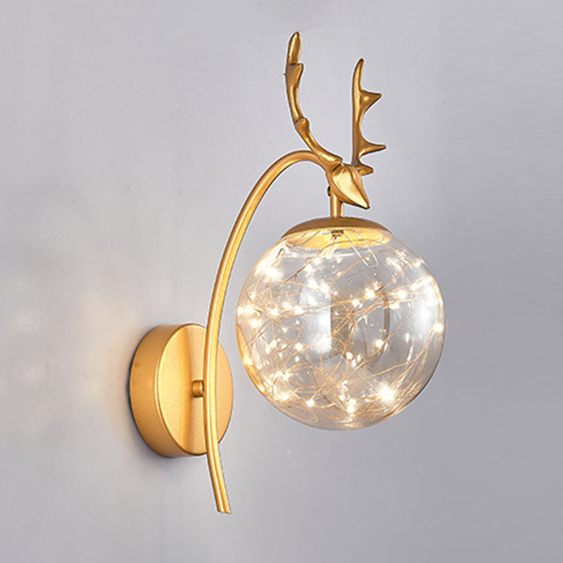 Modern Creative LED Wall Lamp Glass Globe Wall Sconce for Dining Room with Antlers Decoration