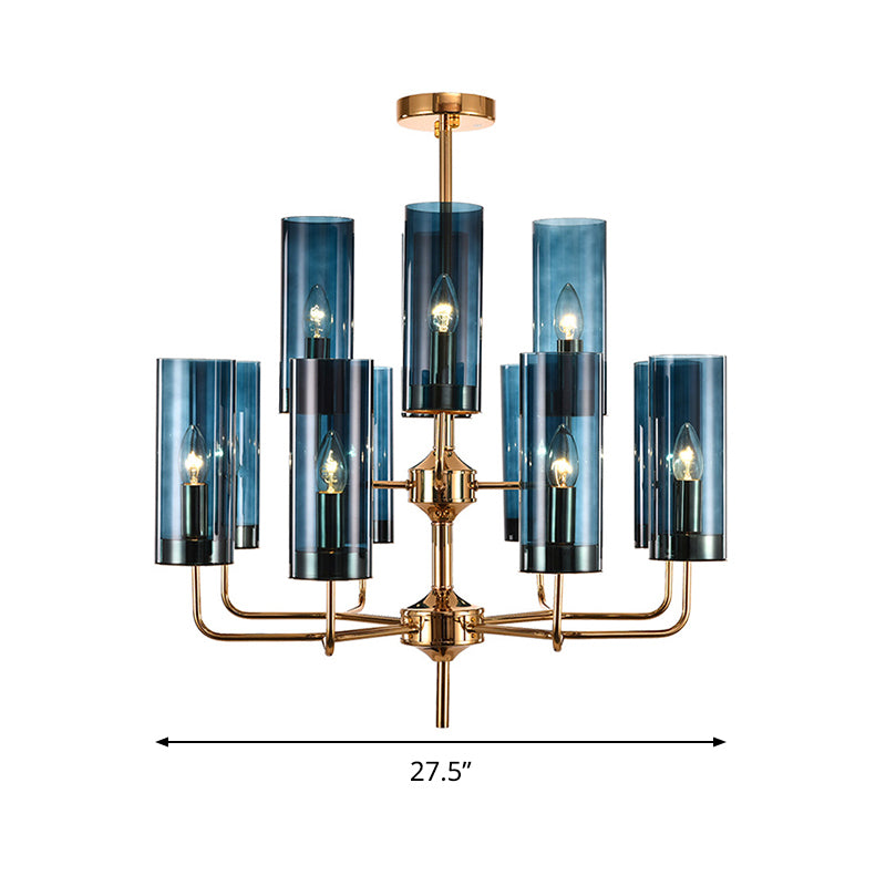 Zylinder Hanging Lamp Kit Postmoderne Blau/Cognac -Glas 12 Köpfe Esszimmer Kronleuchter Beleuchtung