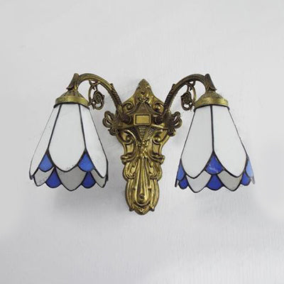 Stained Glass Wall Light with Curved Arm Tiffany Style Double Sconce Light in Red/White/Blue for Bedroom Lighting